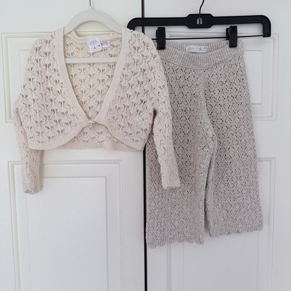 Zara Cream Crochet Knit Kids Matching Set - Cardigan & Pants